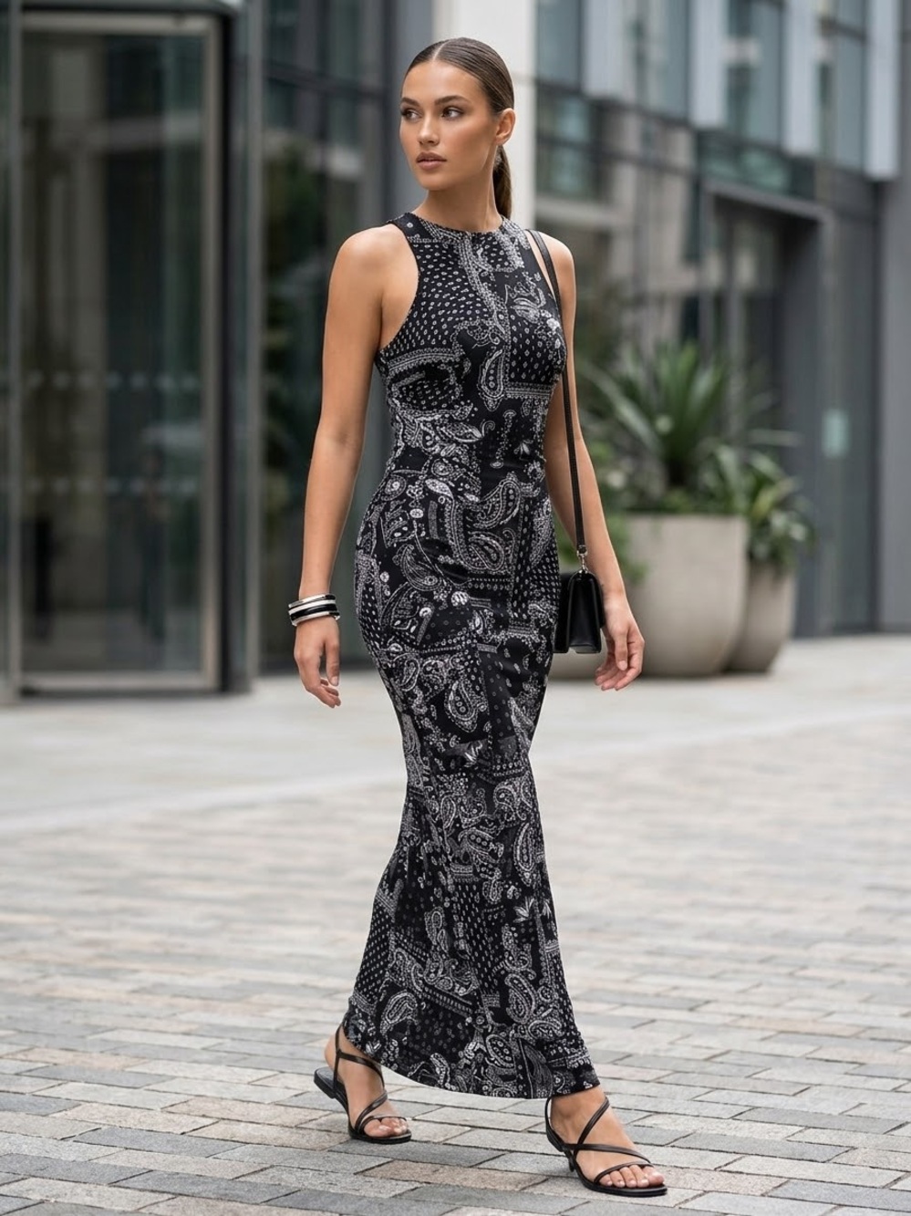 Fashion Nova Black Bandana Paisley Bodycon Maxi Dress